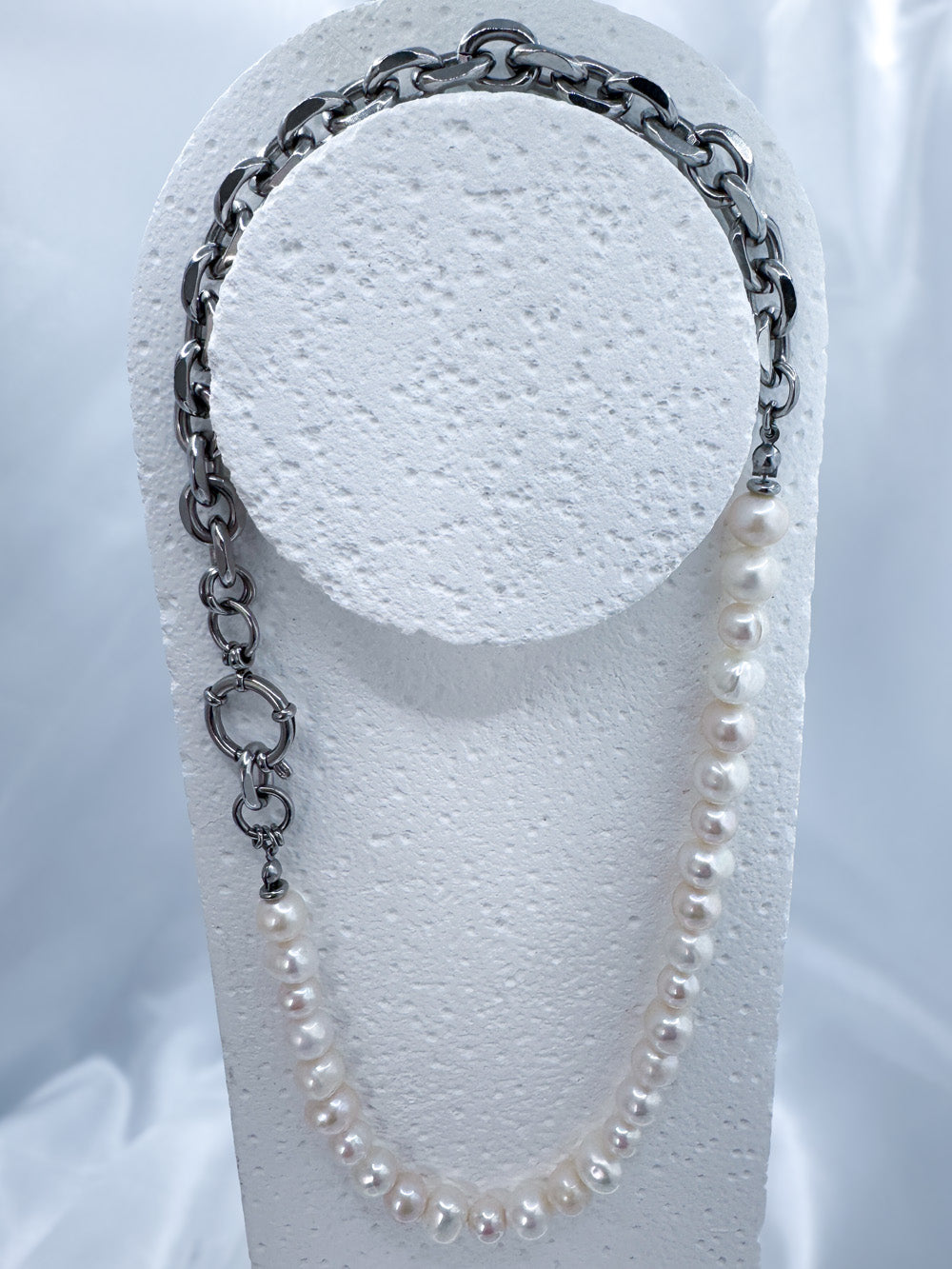 Bold white pearl and steel necklace