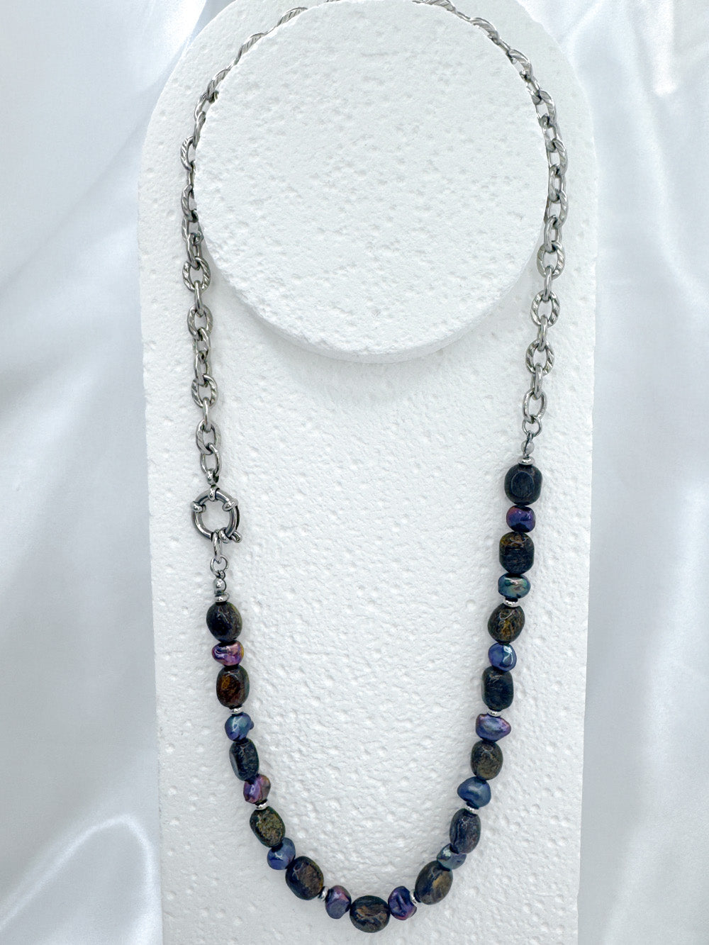 Bronzite, purple pearl & steel necklace