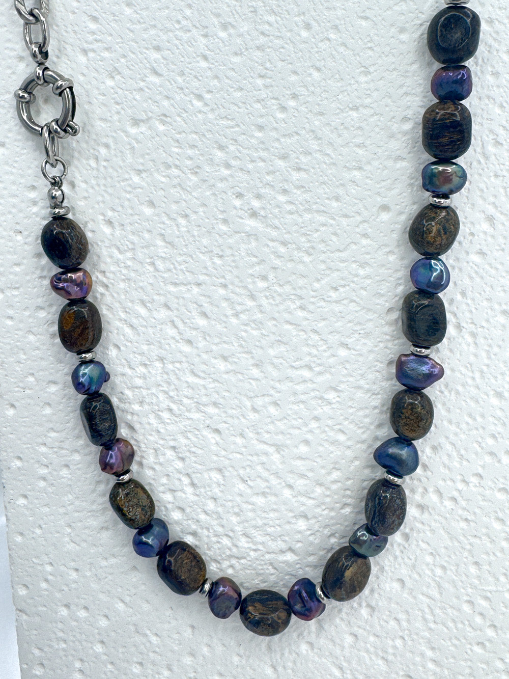Bronzite, purple pearl & steel necklace