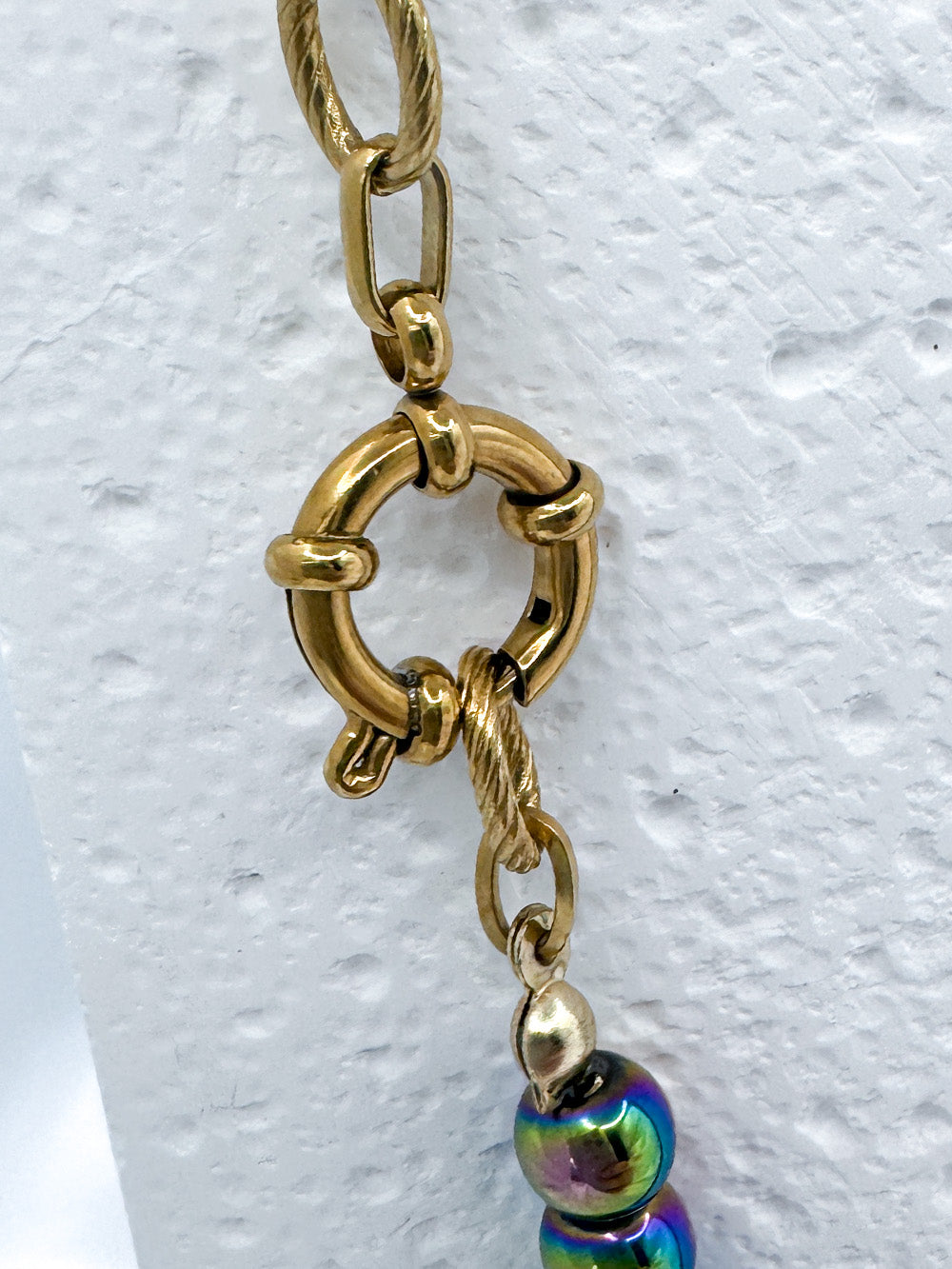 Rainbow hematite and gold steel necklace
