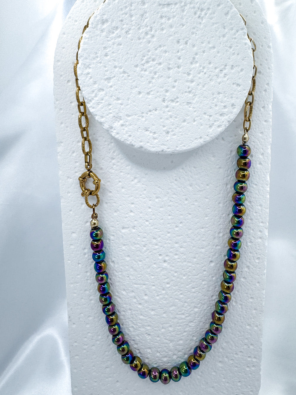 Rainbow hematite and gold steel necklace