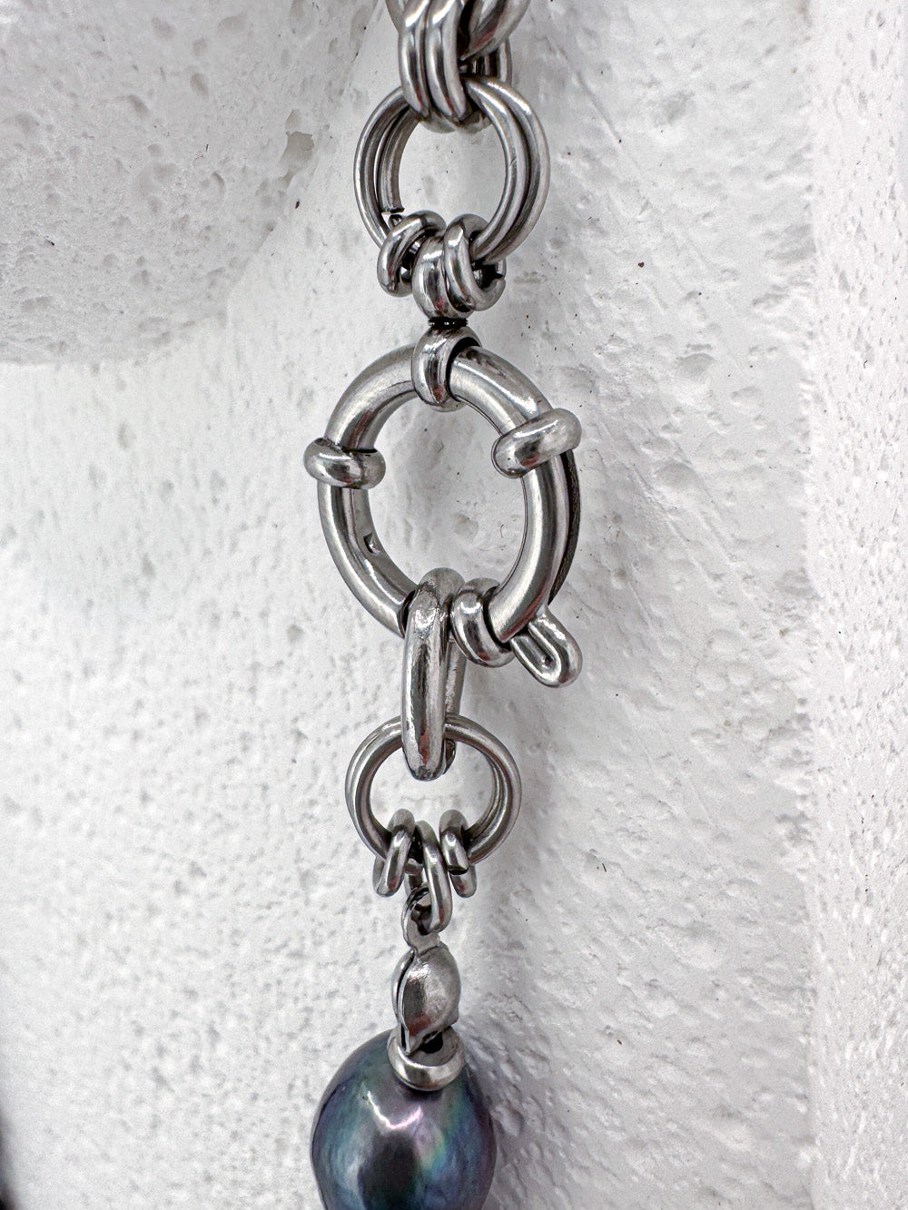 Blue rainbow pearl & steel chain necklace