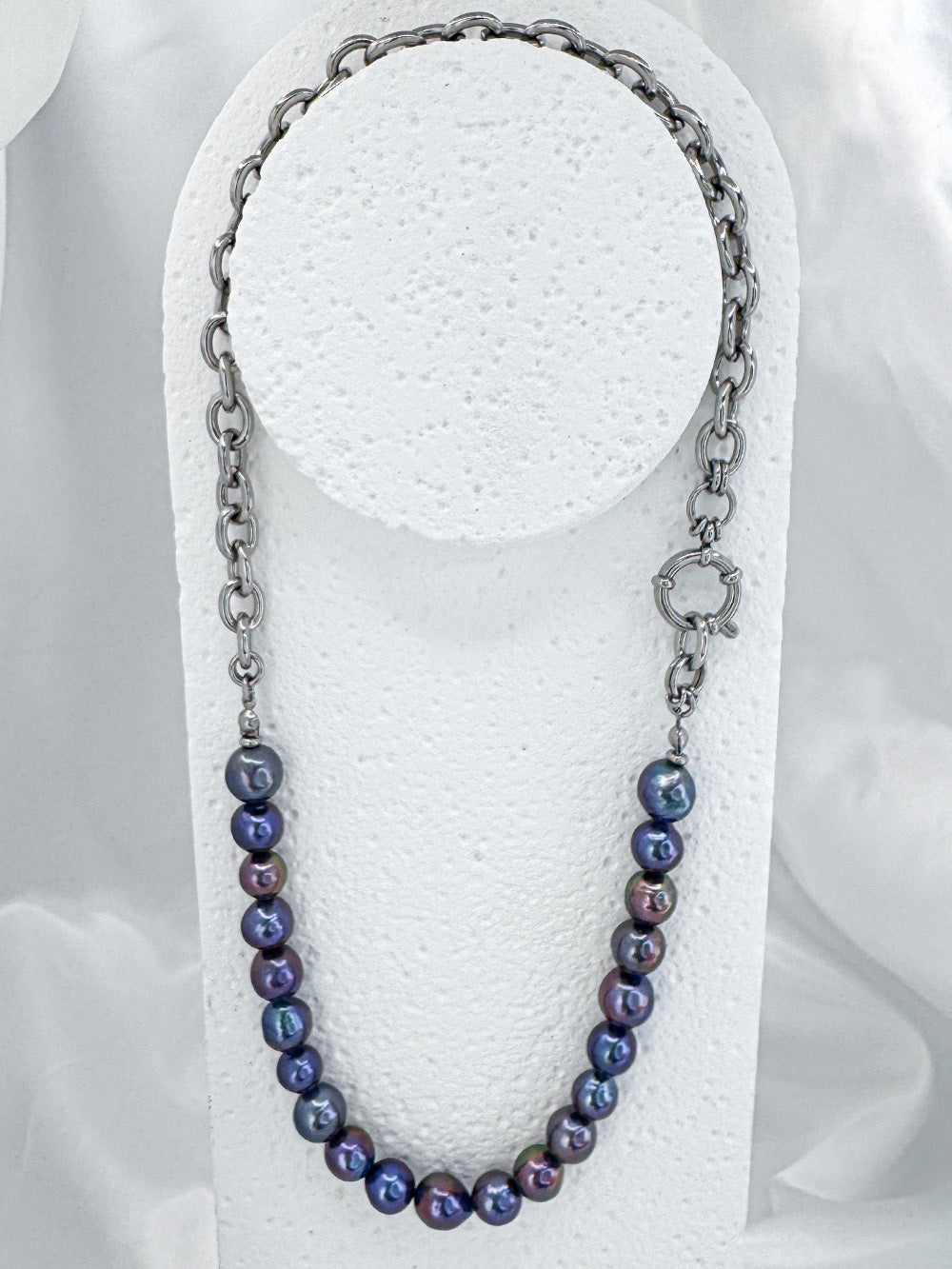Blue rainbow pearl & steel chain necklace