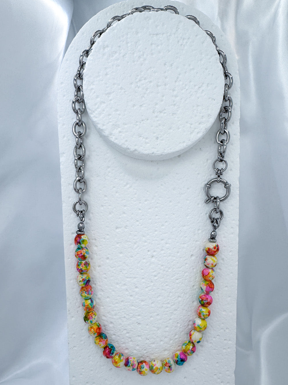 Neon splatter beads and steel necklace