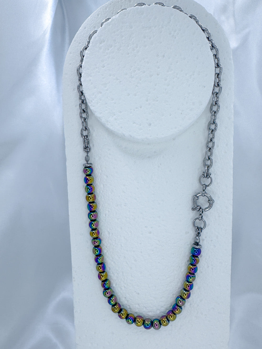 Rainbow hematite and steel necklace