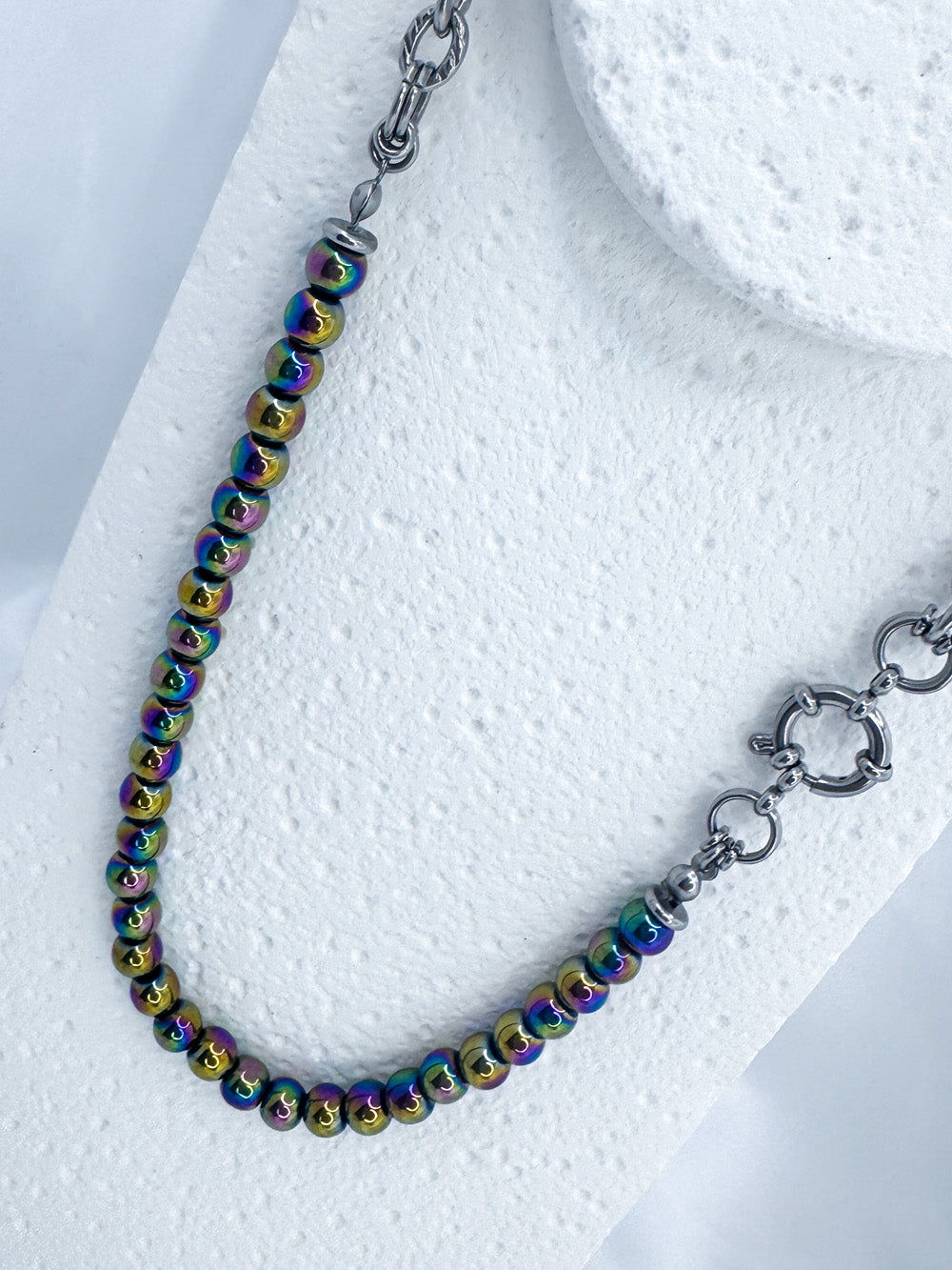 Rainbow hematite and steel necklace