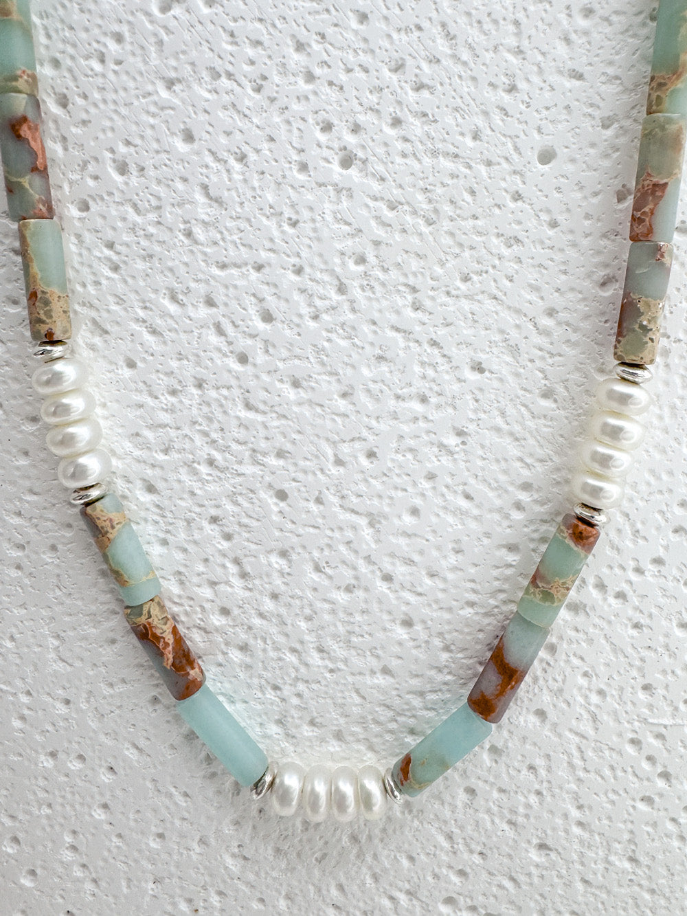 Snake skin stone and pearl sterling necklace