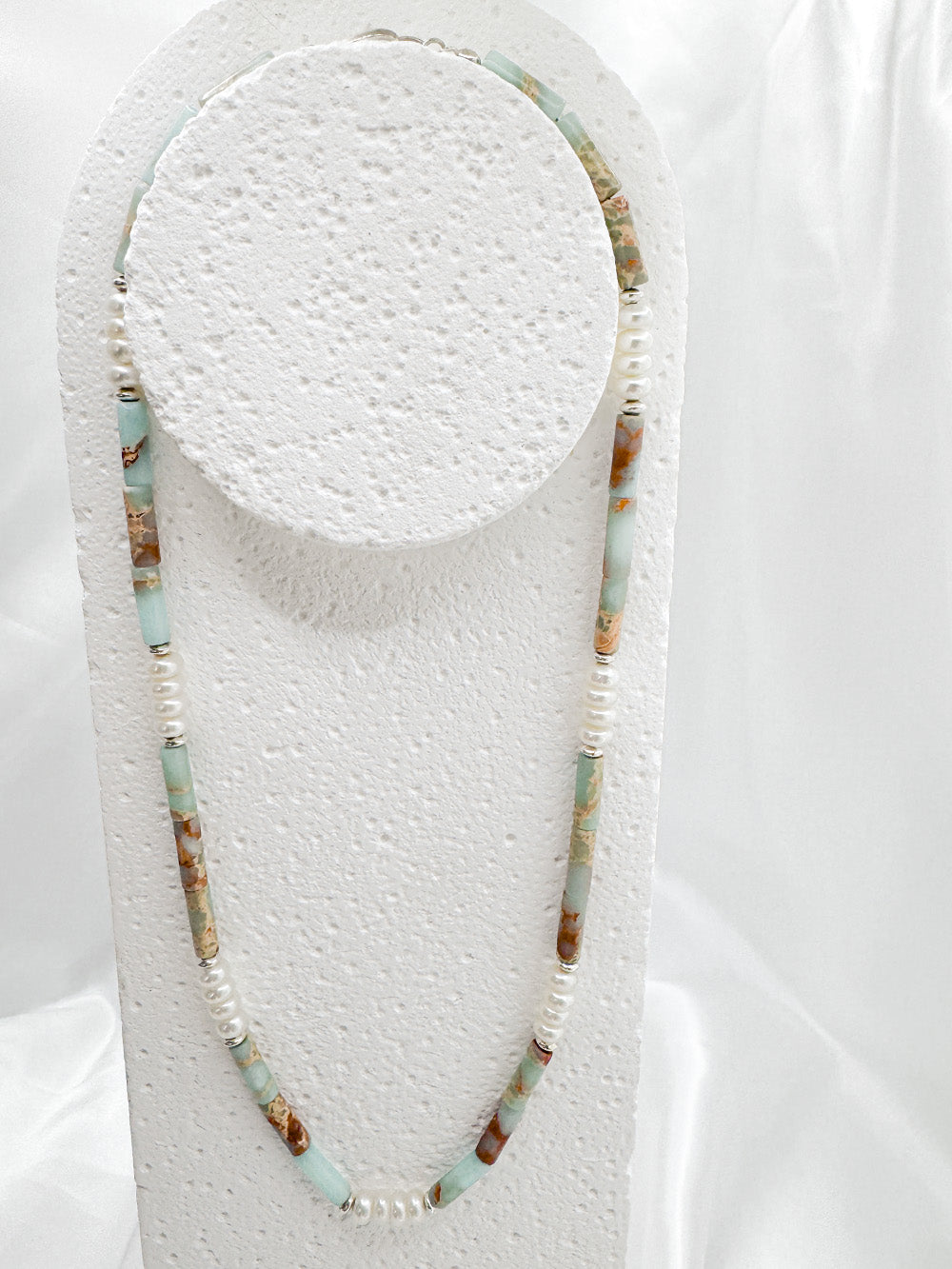 Snake skin stone and pearl sterling necklace