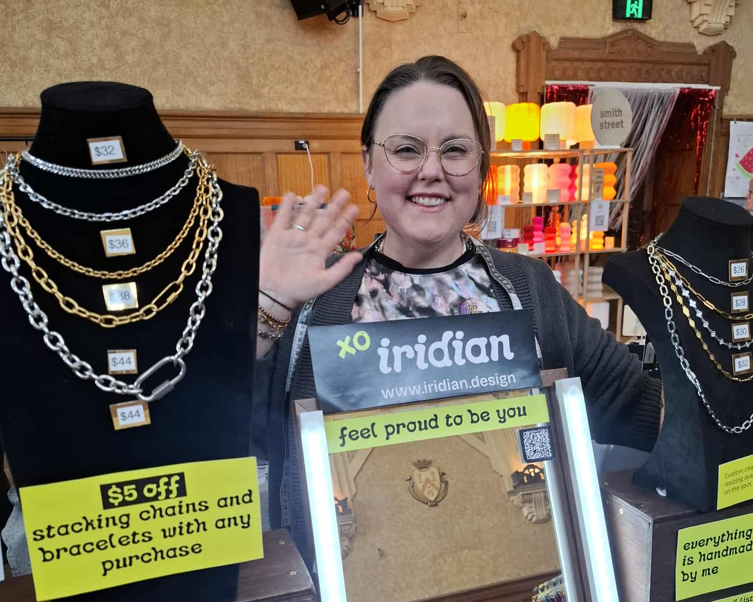 iridian design Maker in Chief Megan Girdler waves hello from the iridian stall at a recent market