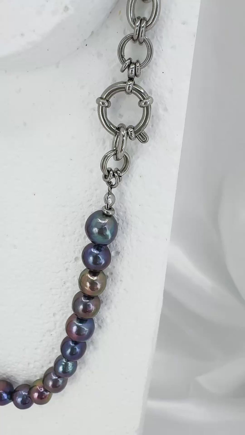 Blue rainbow pearl & steel chain necklace
