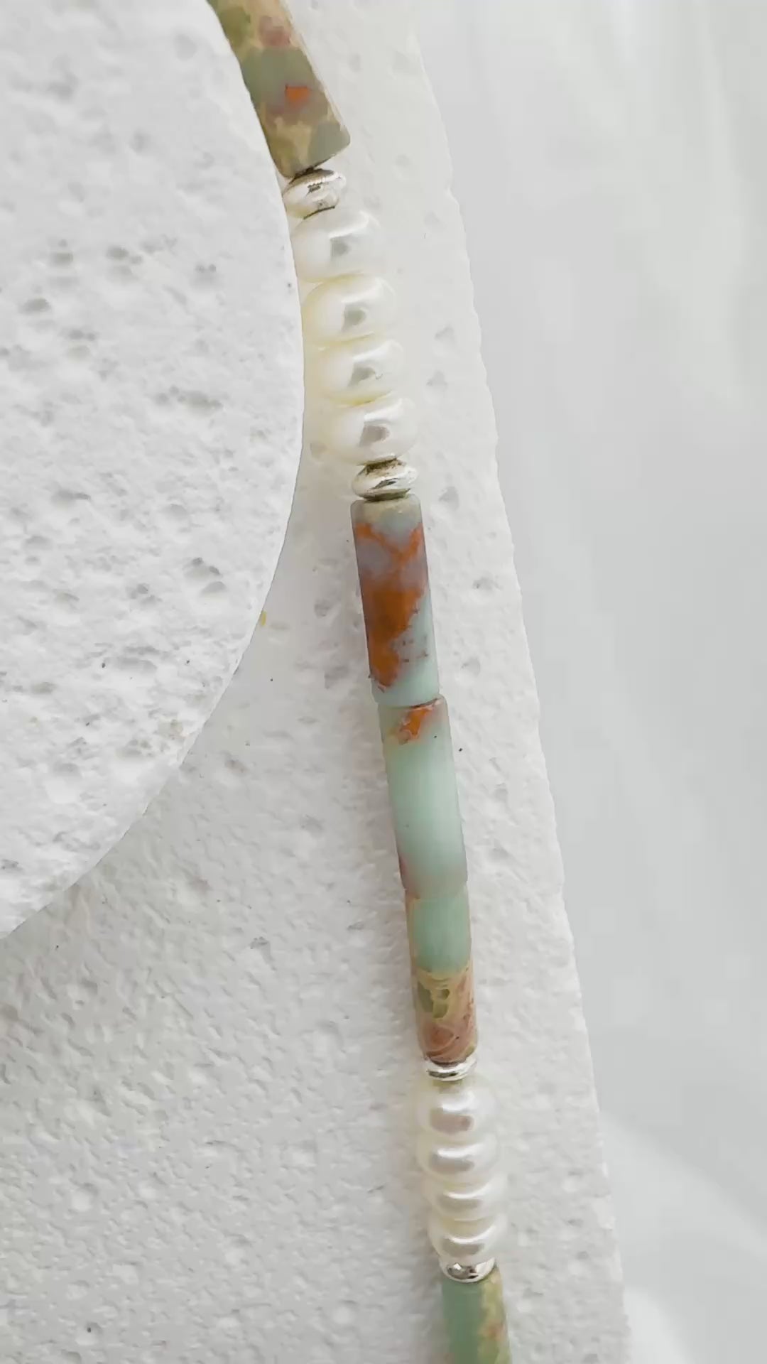 Snake skin stone and pearl sterling necklace